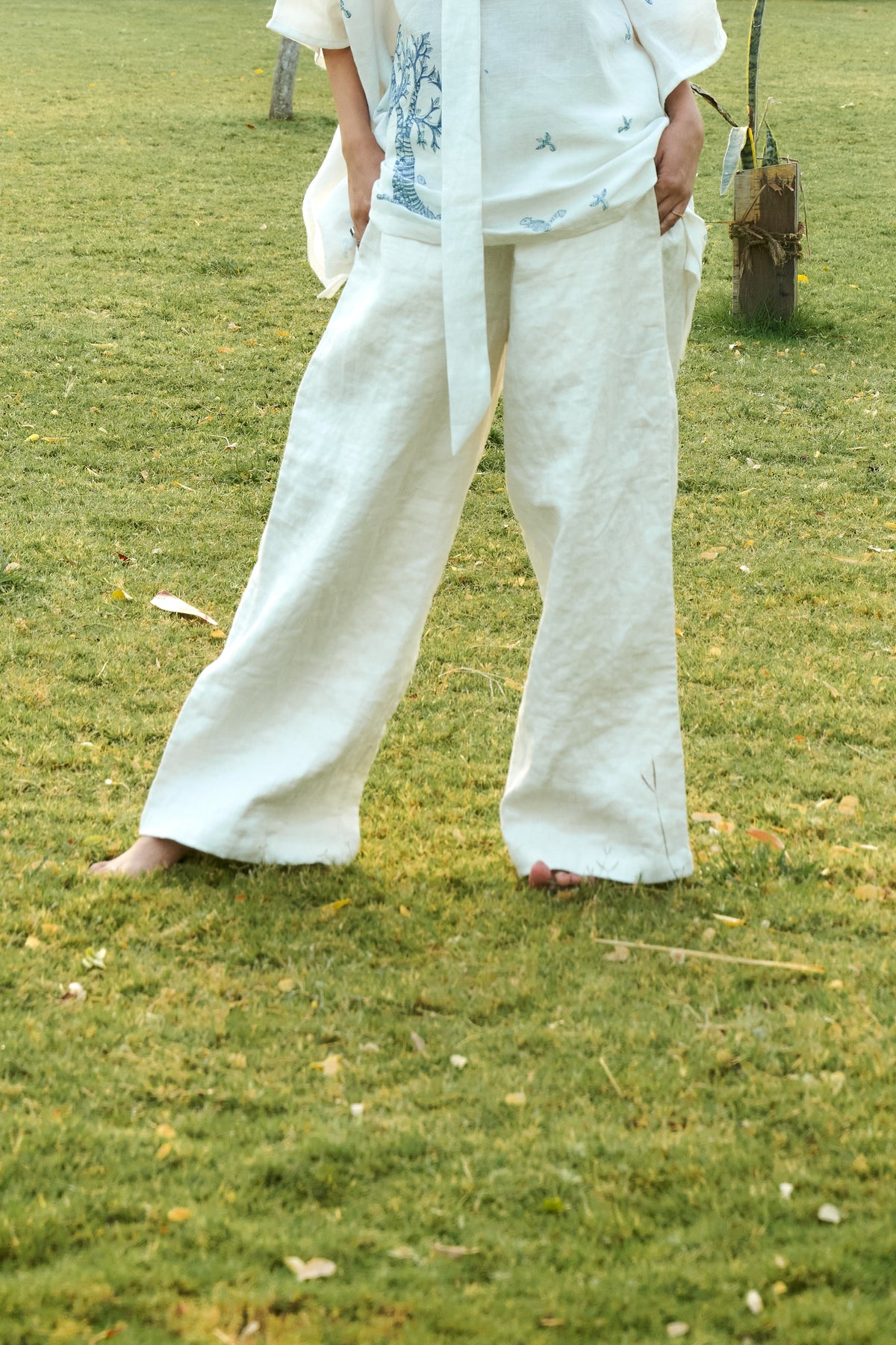 Quilted White Linen Pants