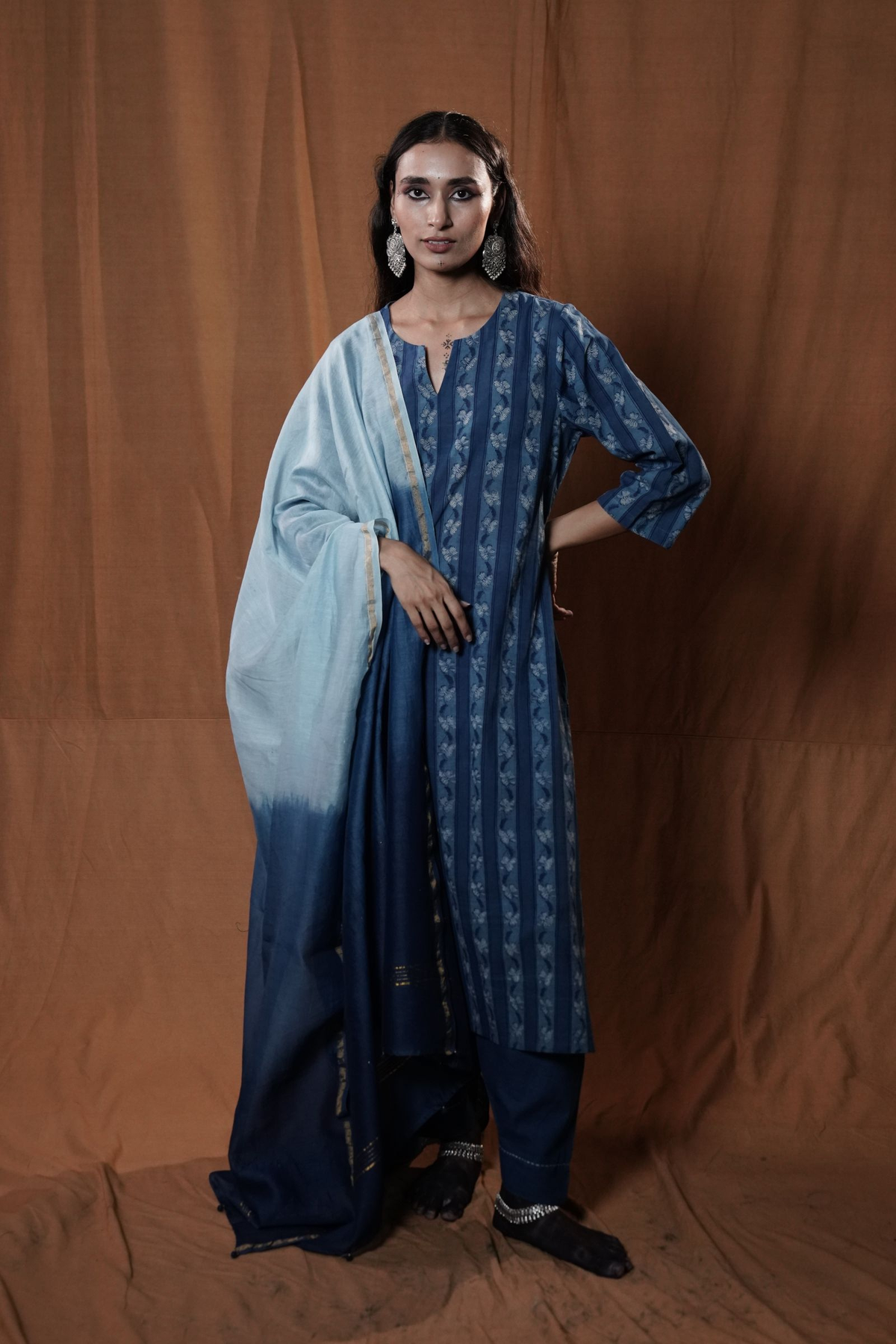 Khejri Striped Kurta : Indigo