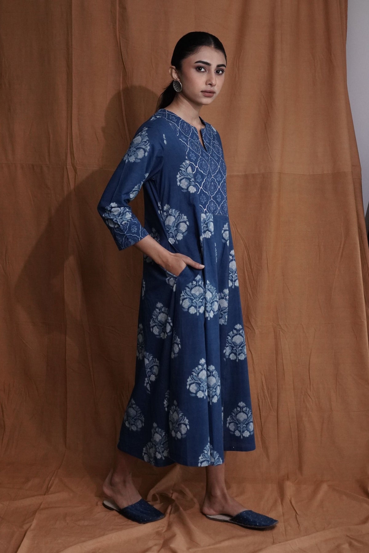 Floral Yoke Dress : Indigo