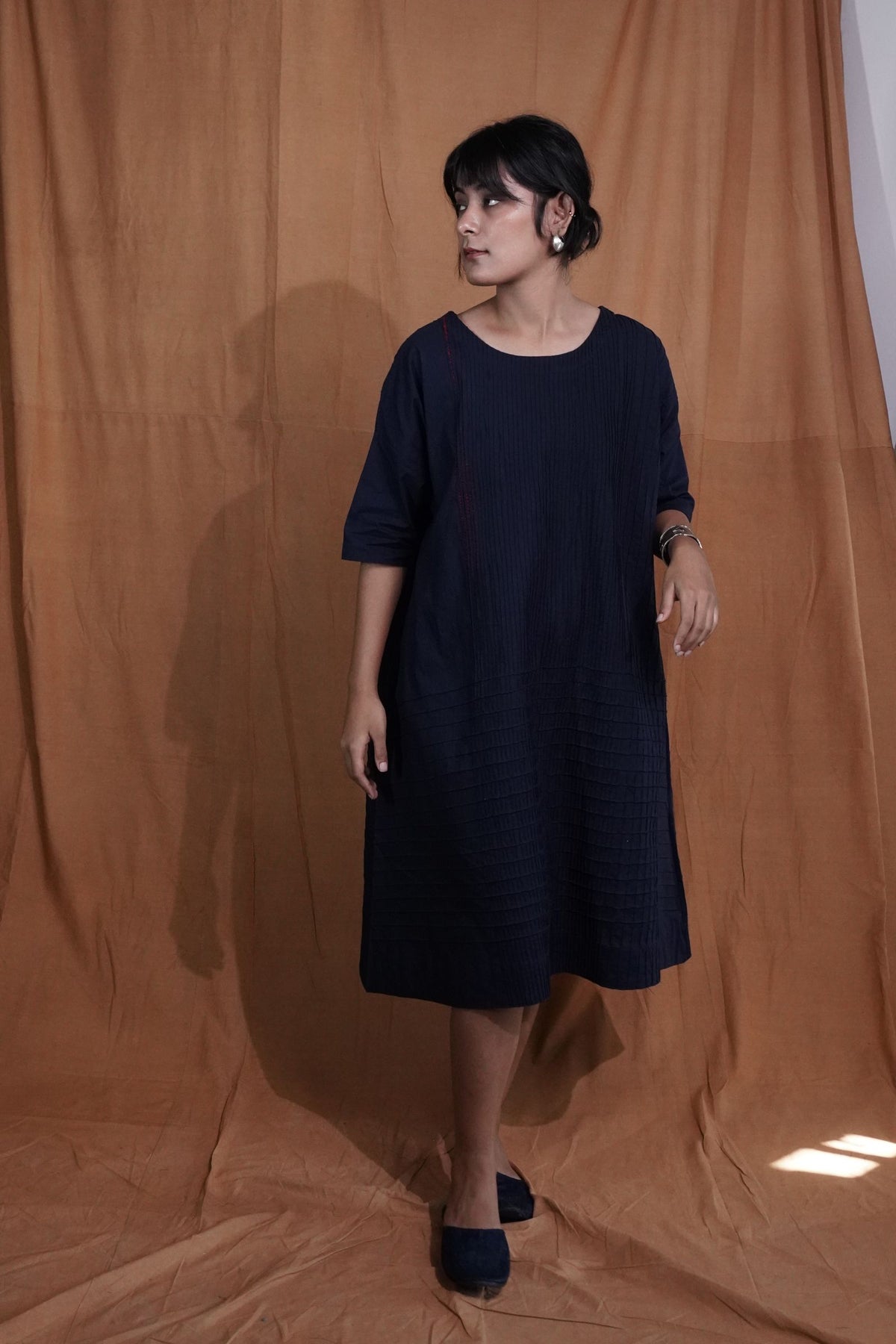 Embroidered Solid Dress : Indigo