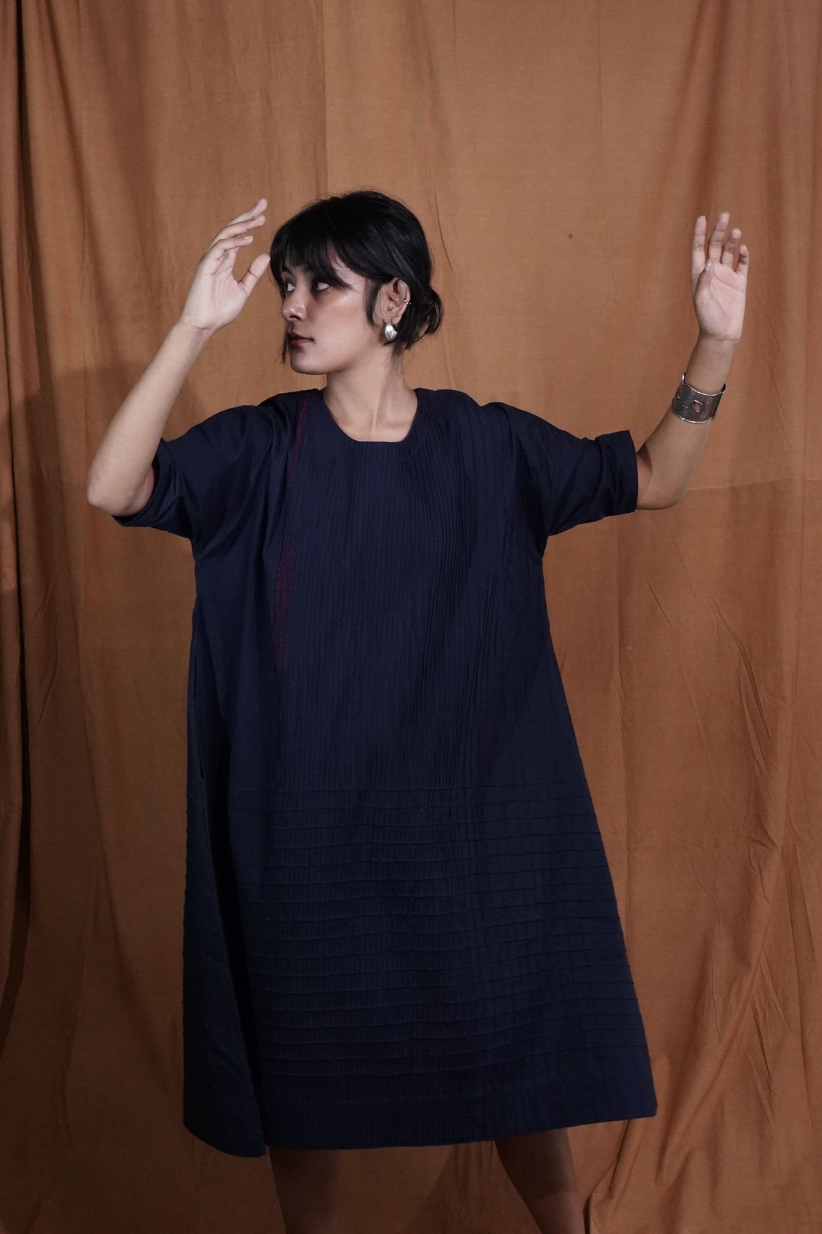 Embroidered Solid Dress : Indigo