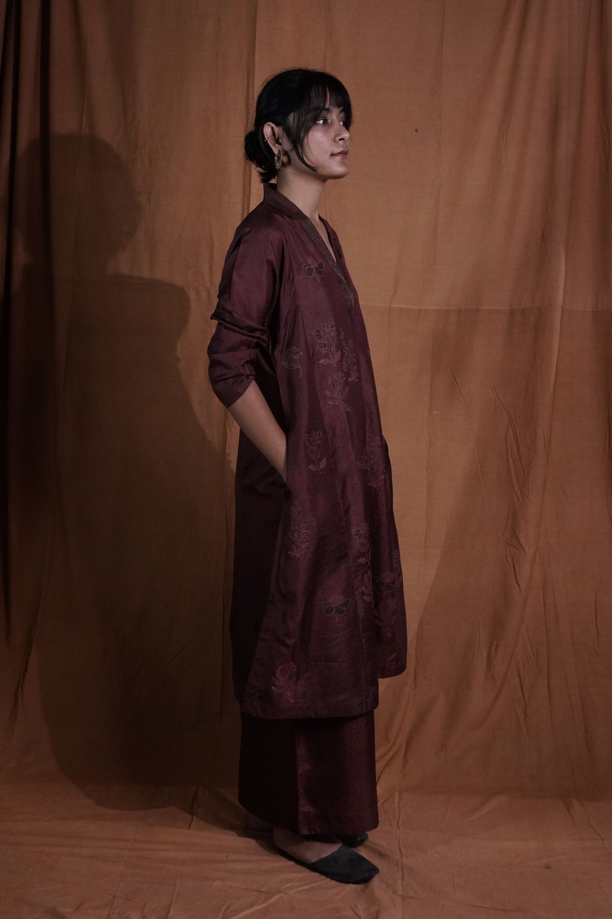 V-neck Floral Silk Kurta