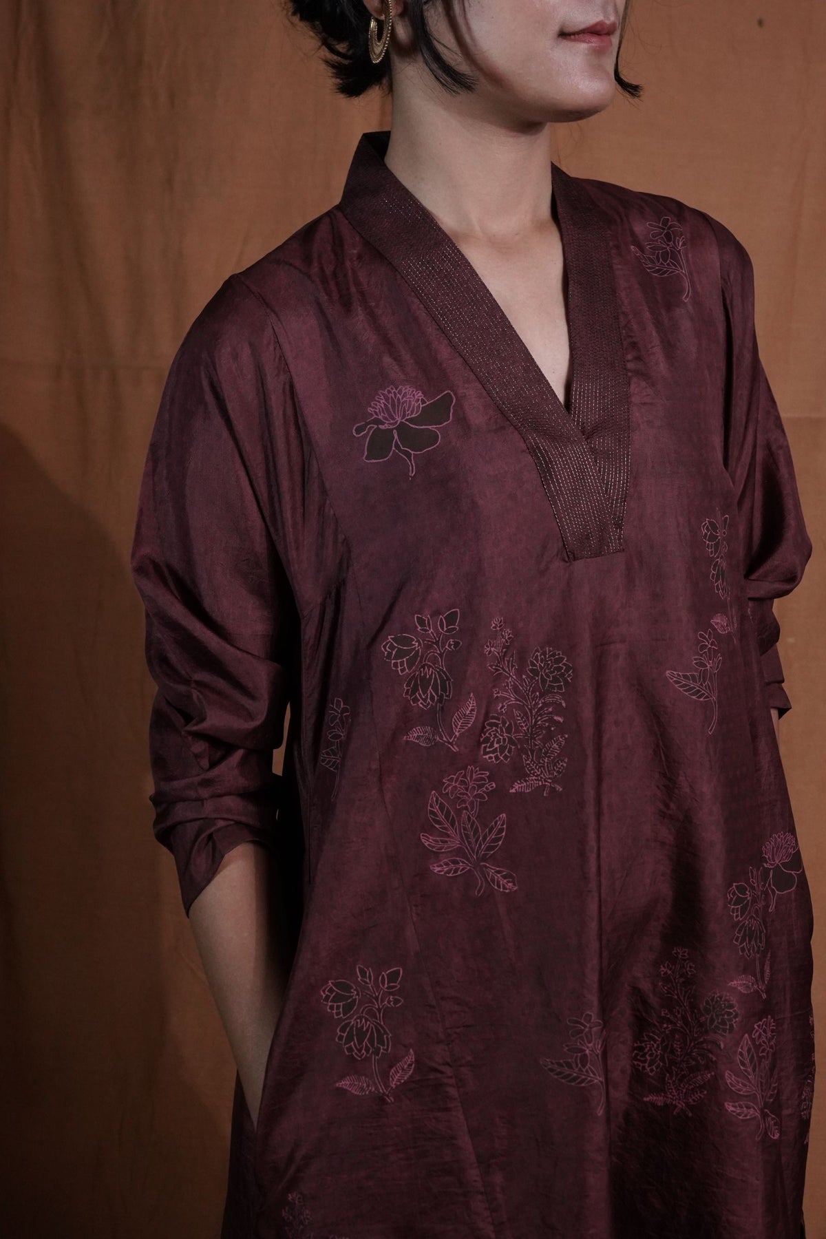 V-neck Floral Silk Kurta